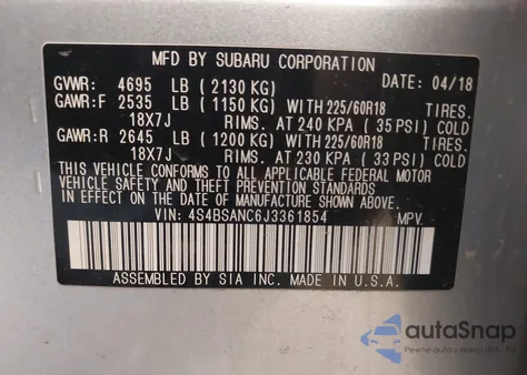 2018 Subaru Outback 2.5I Limited from USA, damaged, VIN 4S4BSANC6J3361854